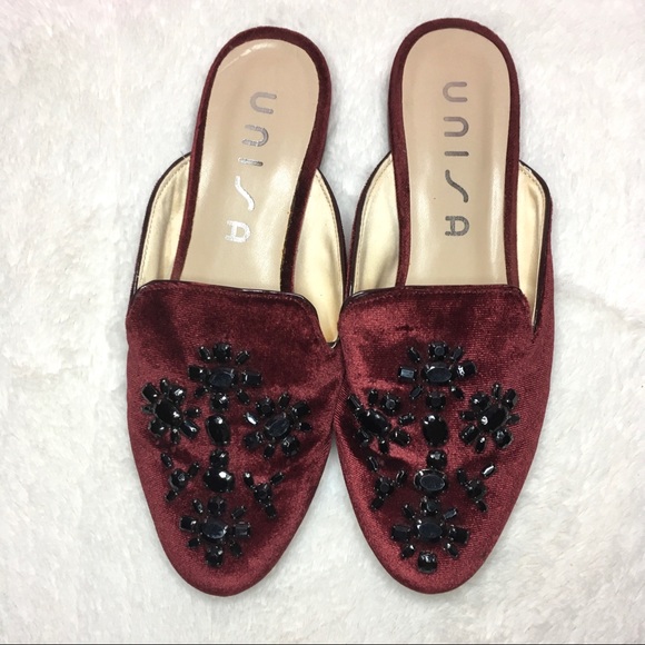 Unisa Maroon Burgundy Velvet Jeweled Embellished Slip On Mules Clogs 7 - Picture 2 of 5
